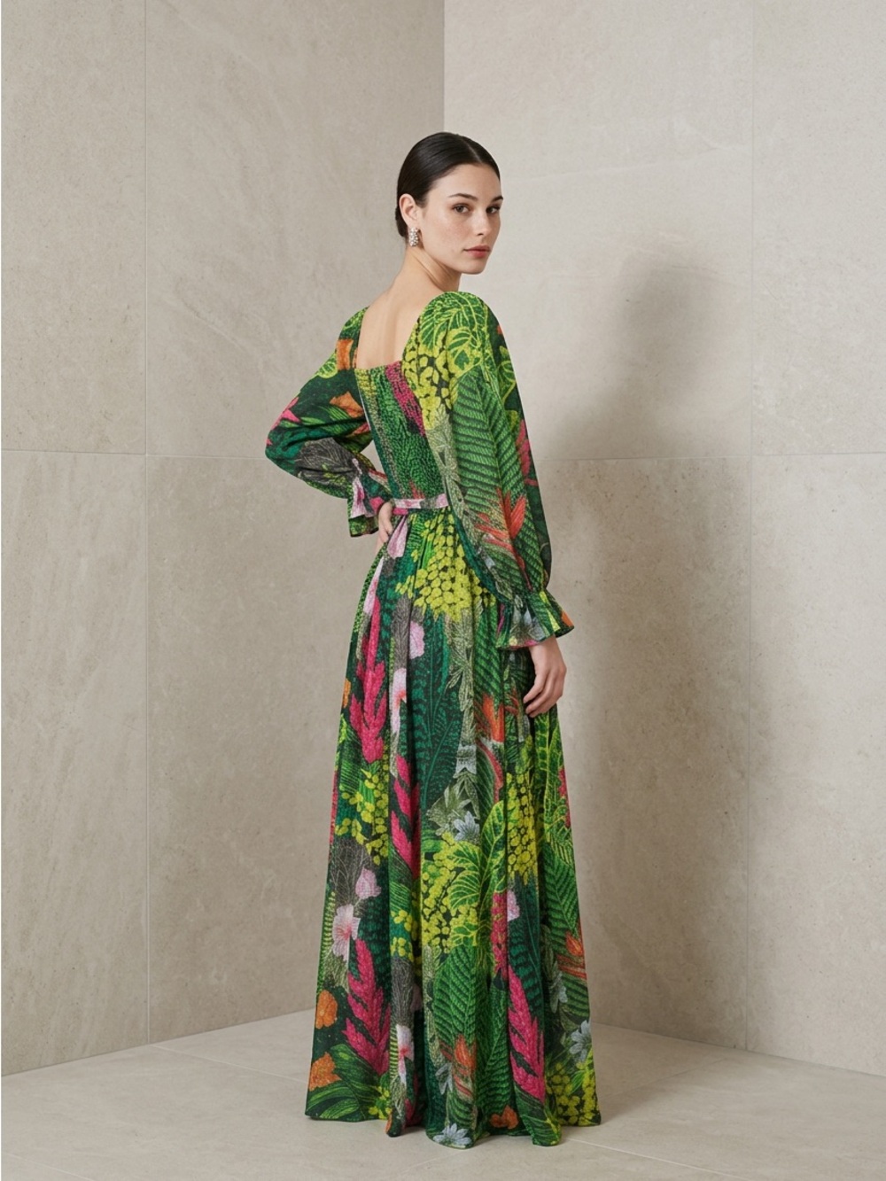Palms Away Tropical Print Green Floral Square-Neck Maxi Dress - Picture 2 of 3